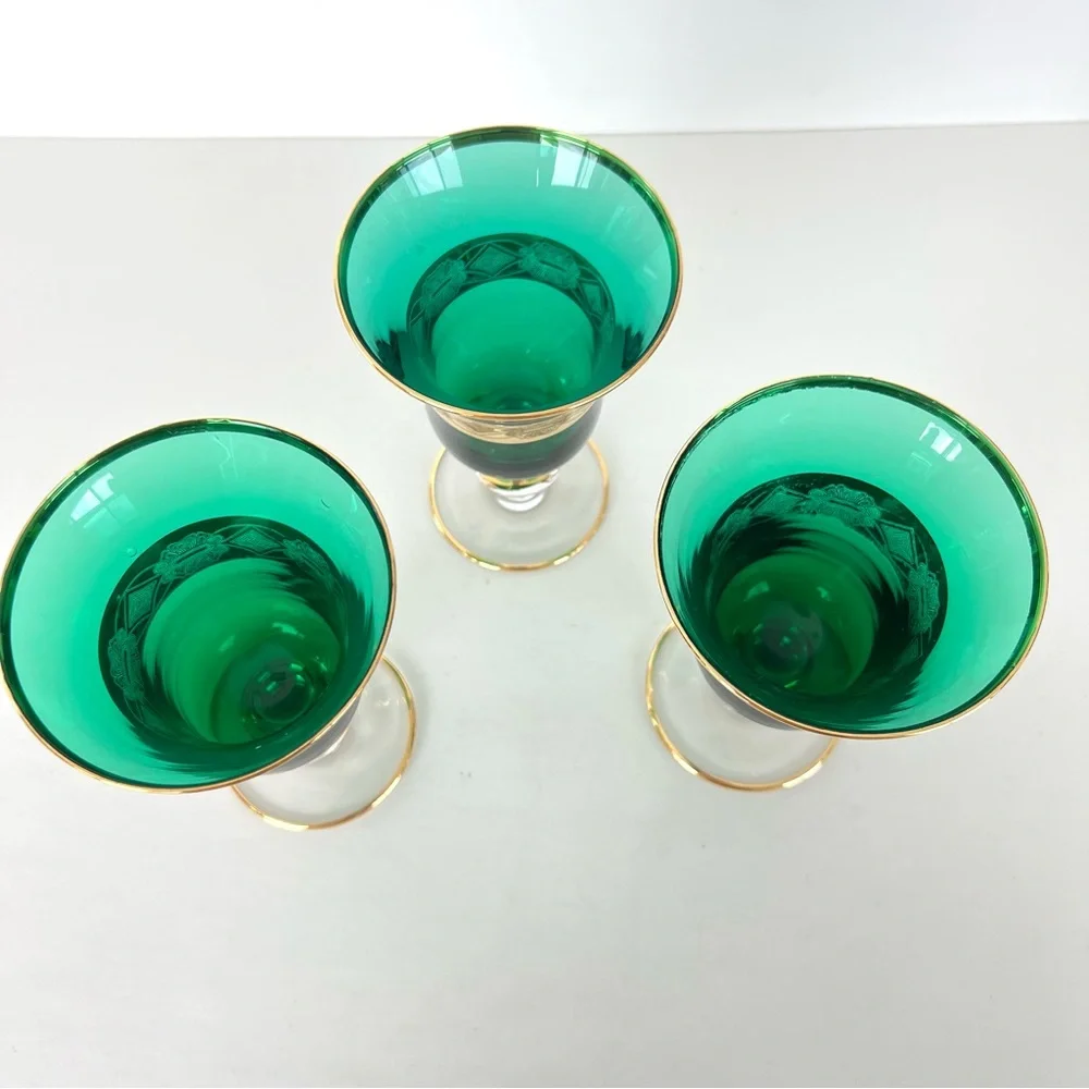Vintage Goblet 3pc Set Emerald Green 24k Gold Plated Italian Style Wine Glass